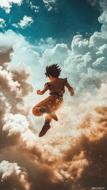 High energy Cool Goku wallpaper where Goku leaps forward with one arm extended through the clouds.