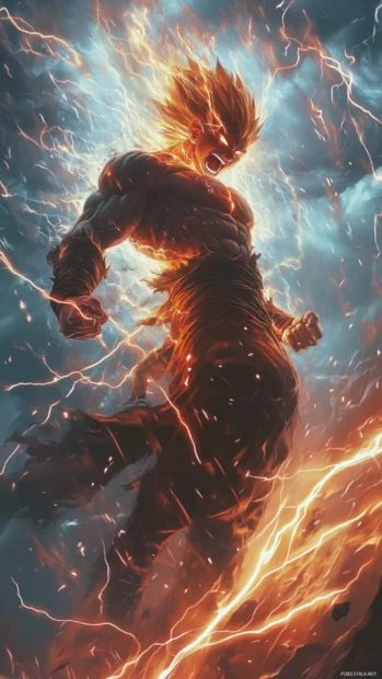 High energy Goku super saiyan wallpaper with Goku surrounded by electric storms as he roars in rage.