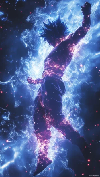 High energy Goku ultra instinct wallpaper showing him midair with cosmic light surrounding his form.