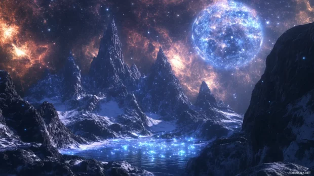 High peaks cradling pools of fallen stars, echoing through the vastness of glowing celestial stars wallpaper.