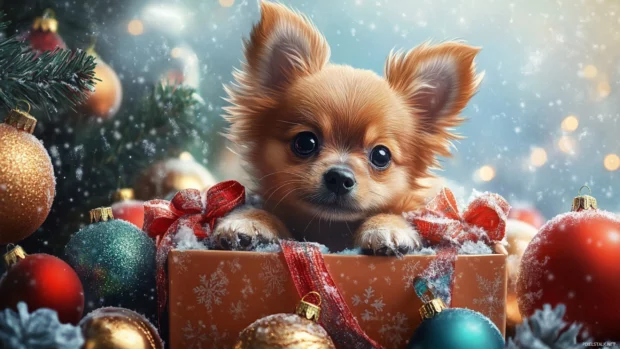 High quality puppy Christmas wallpaper showing a small dog in a gift box surrounded by ornaments.