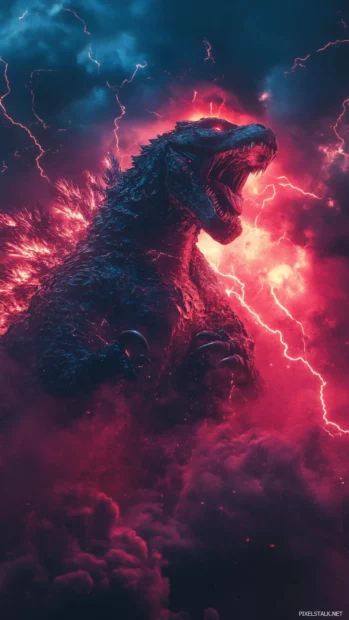 High resolution Godzilla iPhone wallpapers HD and 4K with lightning illuminating his scales.