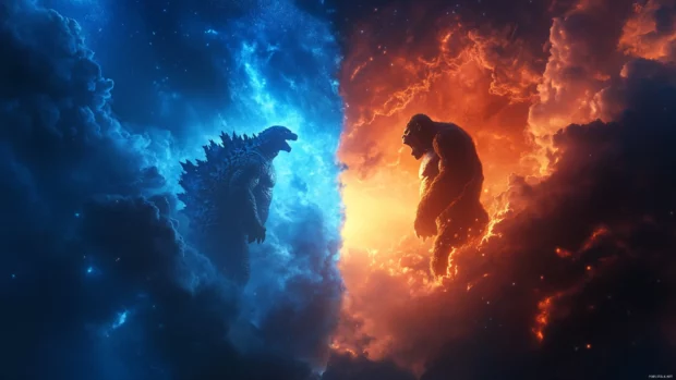High resolution Godzilla x Kong wallpapers with sky split in blue and orange glow.