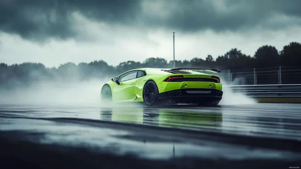 High resolution Lamborghini 4K Wallpapers showcasing a lime green Huracán drifting on a wet race track.