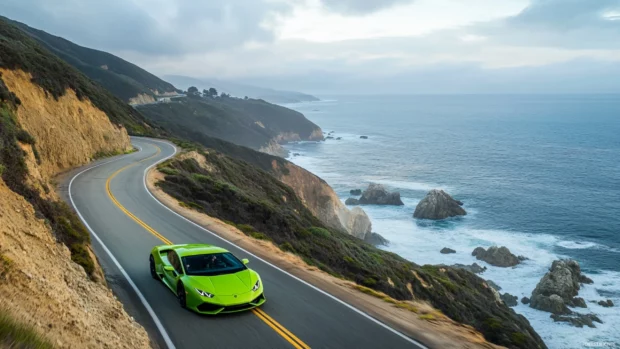 High resolution Lamborghini Huracan Desktop wallpaper showing a lime green Huracan on a coastal cliff road.