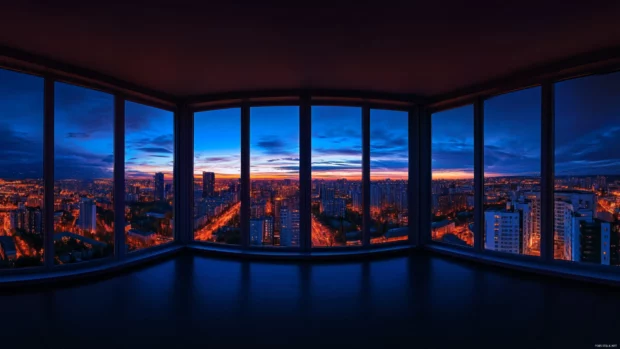High resolution Windows 10 lock screen wallpaper 4K with a panoramic view of a city at night.