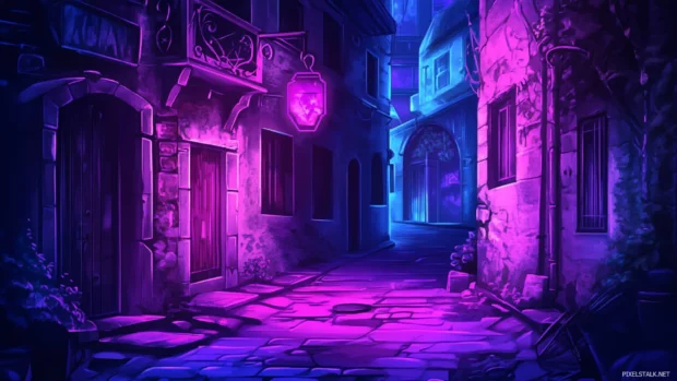 High resolution cyberpunk alleyway glowing with neon purple and pink, designed for cyberpunk desktop wallpapers.