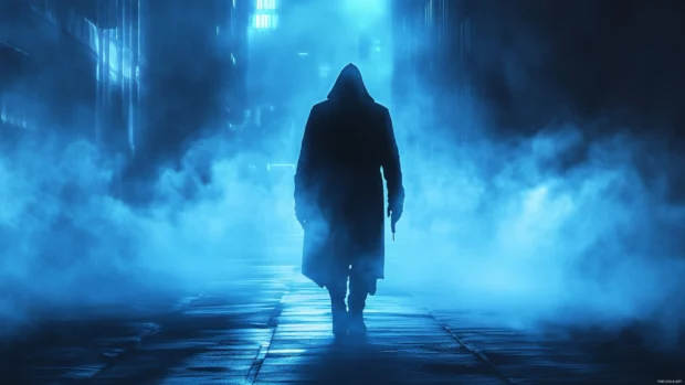 High resolution neon city scene with a hacker in a hooded coat walking through mist, the perfect cyberpunk background wallpaper.