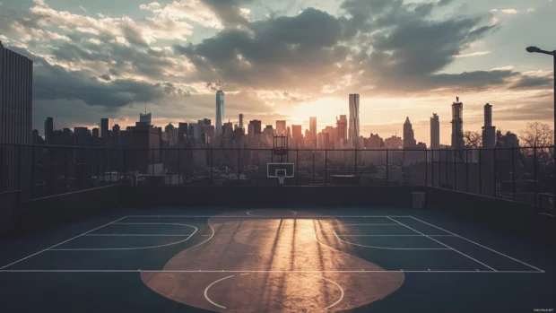 High resolution rooftop Basketball Court Wallpaper with dramatic shadows and city skyline backdrop.
