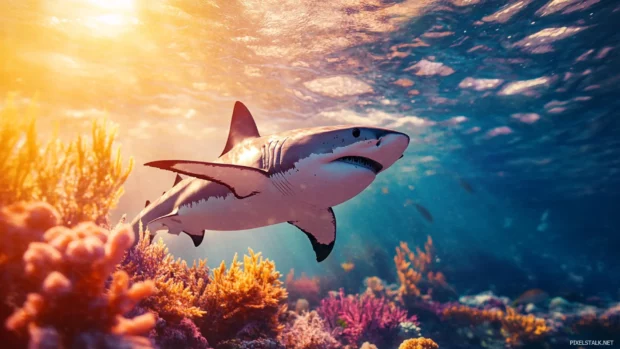 High resolution shark desktop wallpapers with reef background and golden hour light.
