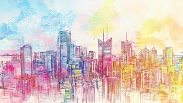 High rise cityscape drawn with rainbow graffiti outlines.