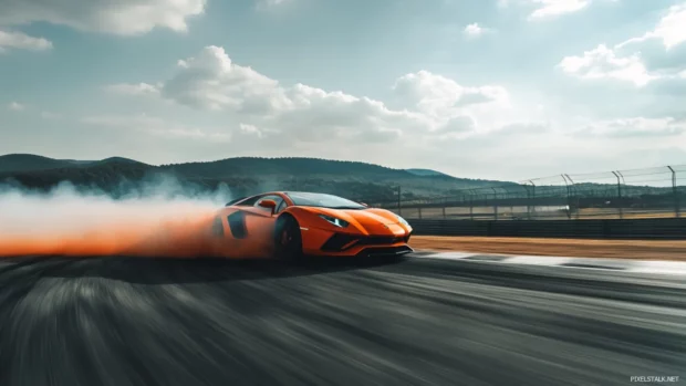 High speed Lamborghini Aventador wallpaper with a bright orange Aventador drifting on a racetrack.