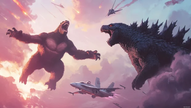 High speed jets circle above as Kong and Godzilla prepare to clash.
