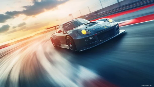High speed sports car drifting on a race track, motion blur effect.