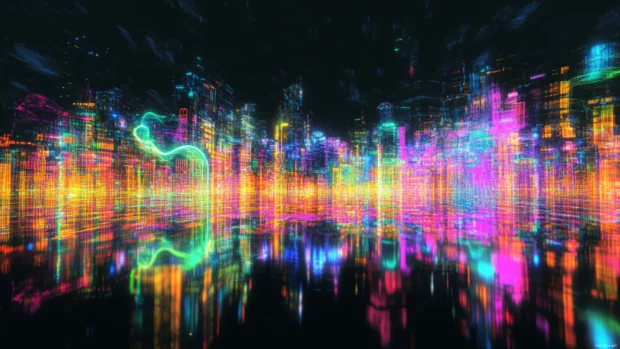 High tech city bathed in cool neon reflections inspired by 4K neon particles wallpaper.