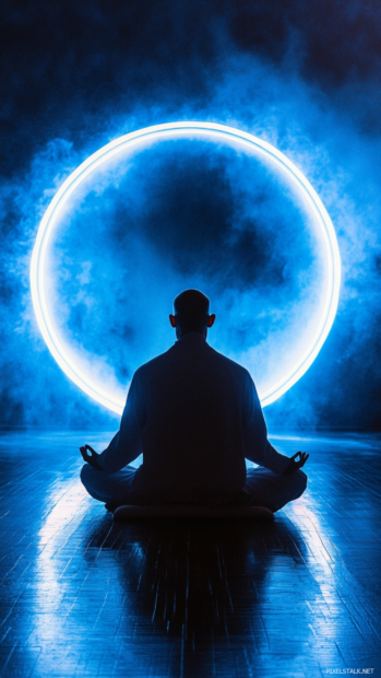 High tech monks meditate inside a glowing circular chamber.