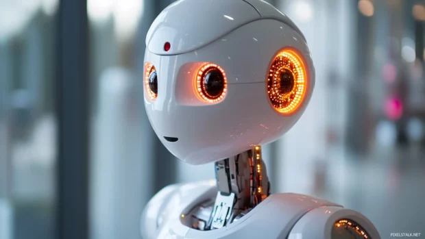 High tech robot with glowing circuitry in a futuristic lab setting.
