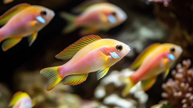 Highlighted against the coral backdrop, a school of colorful fish with unique colors and patterns swim in an underwater coral reef.