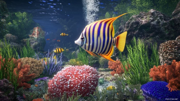 Highlighted against the coral backdrop, a school of colorful fish with unique colors and patterns swim in an underwater coral reef.