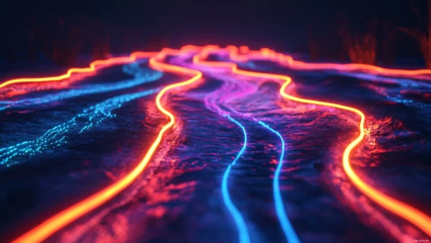 Highway to nowhere marked with neon road lines.