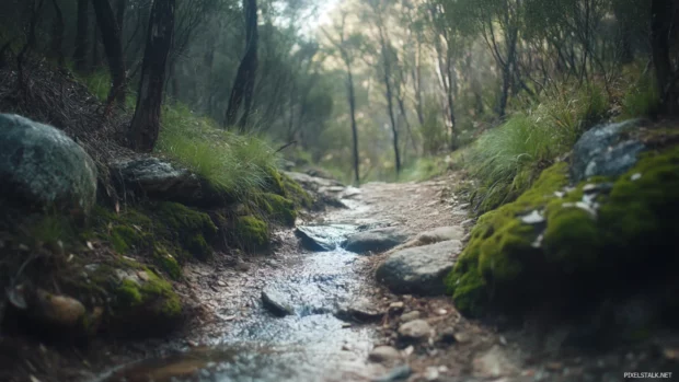 Hiking trail through a mossy canyon with a gentle stream.