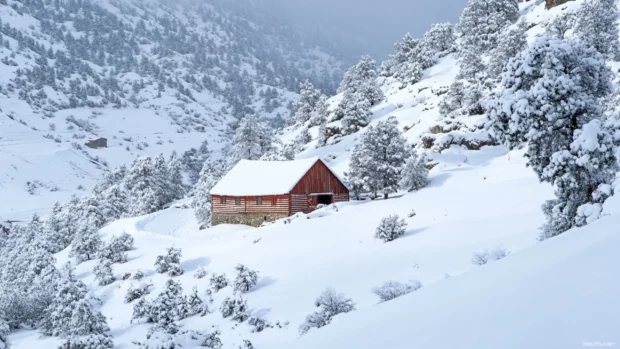 Hillside barn blanketed by snow.