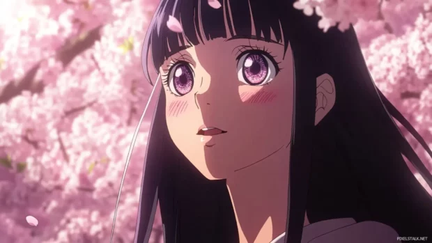 Hinata blushing under soft pink cherry blossoms.