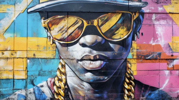 Hip hop legend mural with gold chains and urban tag layers in street art graffiti wallpapers.