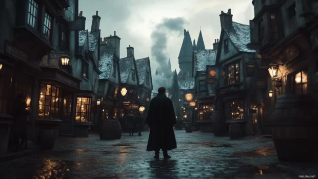 Hogsmeade standing in a dramatic light with enchanted background.