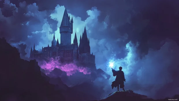 Hogwarts castle wallpaper, cinematic illustration of Harry Potter casting a spell at night.