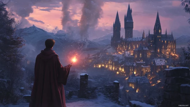 Hogwarts houses PC wallpaper, cinematic illustration of Harry Potter casting a spell at night.