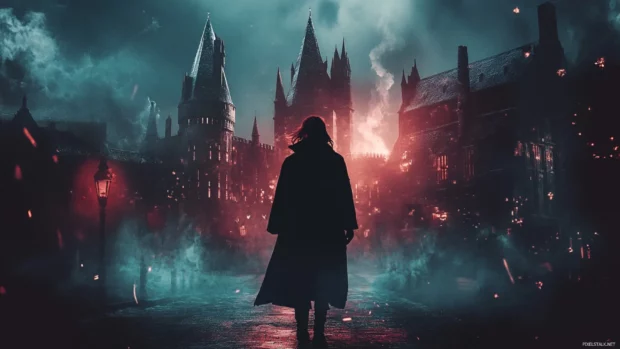 Hogwarts standing in a dramatic light with enchanted background.