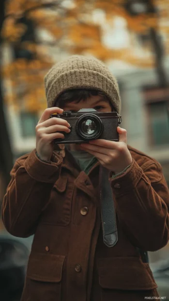 Holding a vintage camera, the boy captures urban poetry in motion.