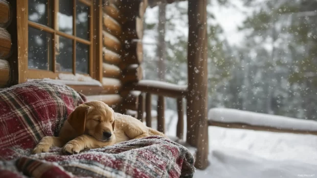 Holiday cabin porch covered in snow with a puppy napping on a plaid blanket.