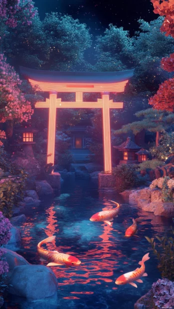 Hologram koi swimming around a shrine in a neon garden.