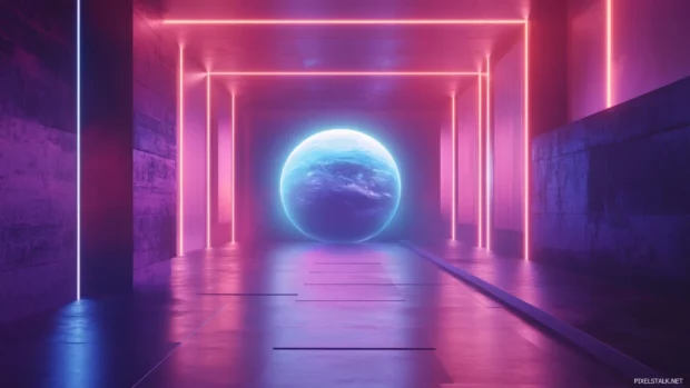 Holographic planet projections in a sci fi room.