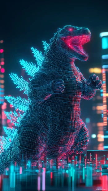 Holographic projection style in cool Godzilla wallpaper with wireframe city.