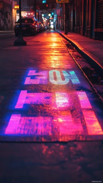 Holographic street signs light up the sidewalk, perfect for a hologram aesthetic wallpaper.