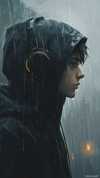 Hooded and calm, the boy listens to music as rain begins to fall.
