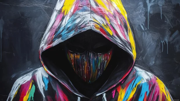 Hooded figure painted with crystal graffiti lines.
