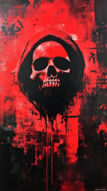 Hooded skull floating above graffiti skyline in red and black hues.