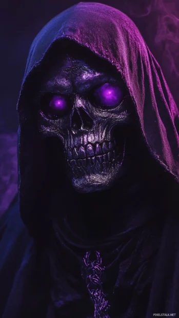 Hooded skull in black cloak with soft purple lighting.
