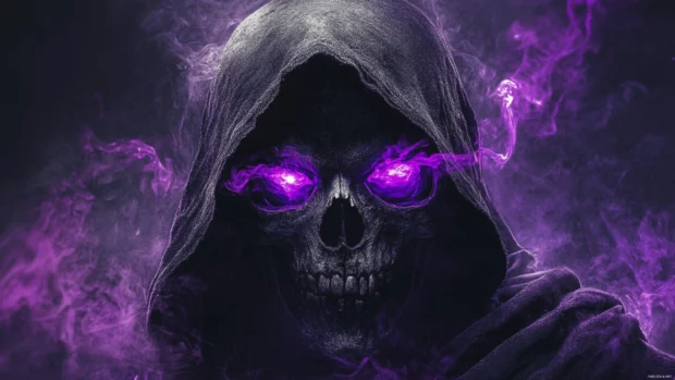 Hooded skull in mist with glowing purple eyes and tag shadows.