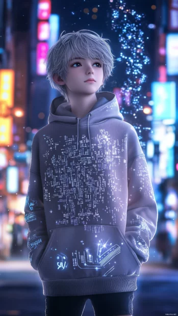 Hoodie wearing anime boy, futuristic designs, cyberpunk cityscape, holograms, glowing ads.