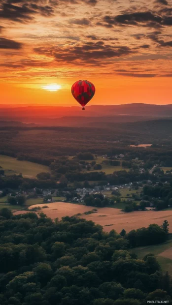 Hot air balloon colorful, scenic valley drifting, radiant sunrise golden glow.