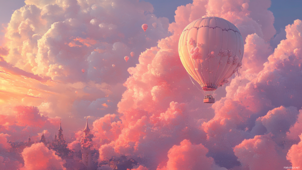 Hot air balloon ride through a rose colored sky.