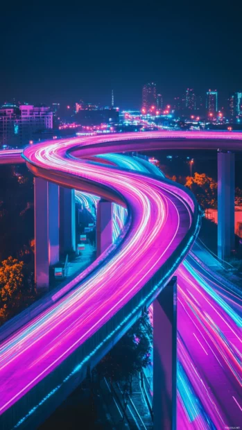 Hovercar speeding through an elevated expressway over the neon city.