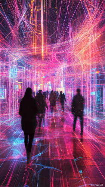 Hovercars zoom by as citizens walk under an endless web of glowing wires.