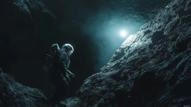Hovering near a glowing comet, the astronaut reaches out slowly.