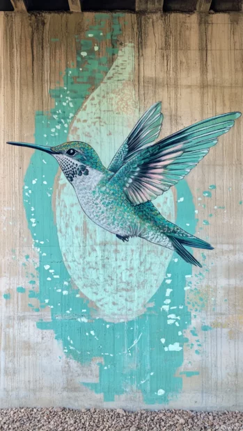 Hummingbird painted in soft aqua lines across tunnel.